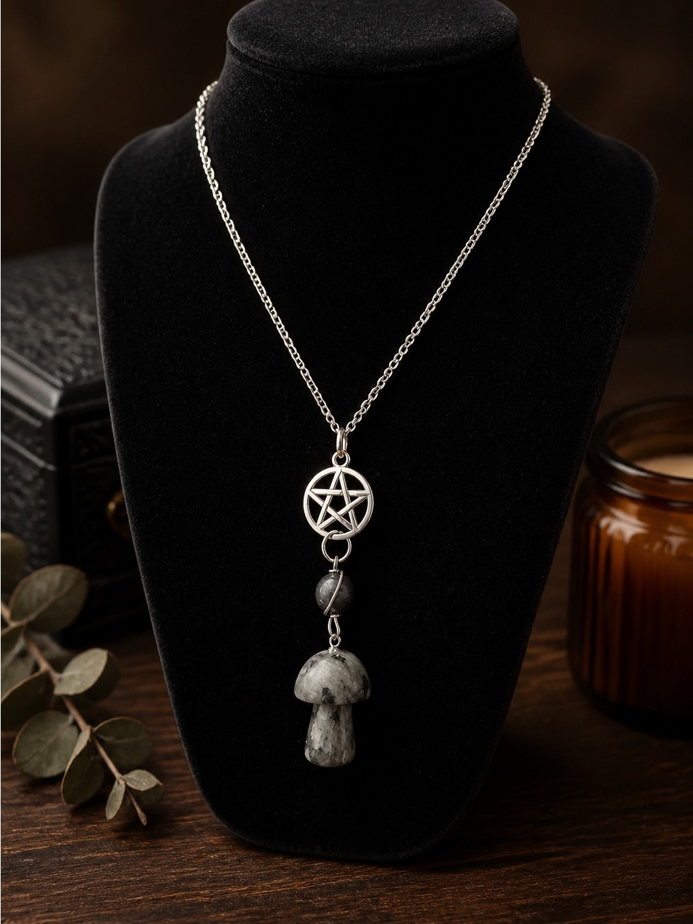 Silver Pentagram Larvakite Mushroom Pendant Necklace with Shungite bead